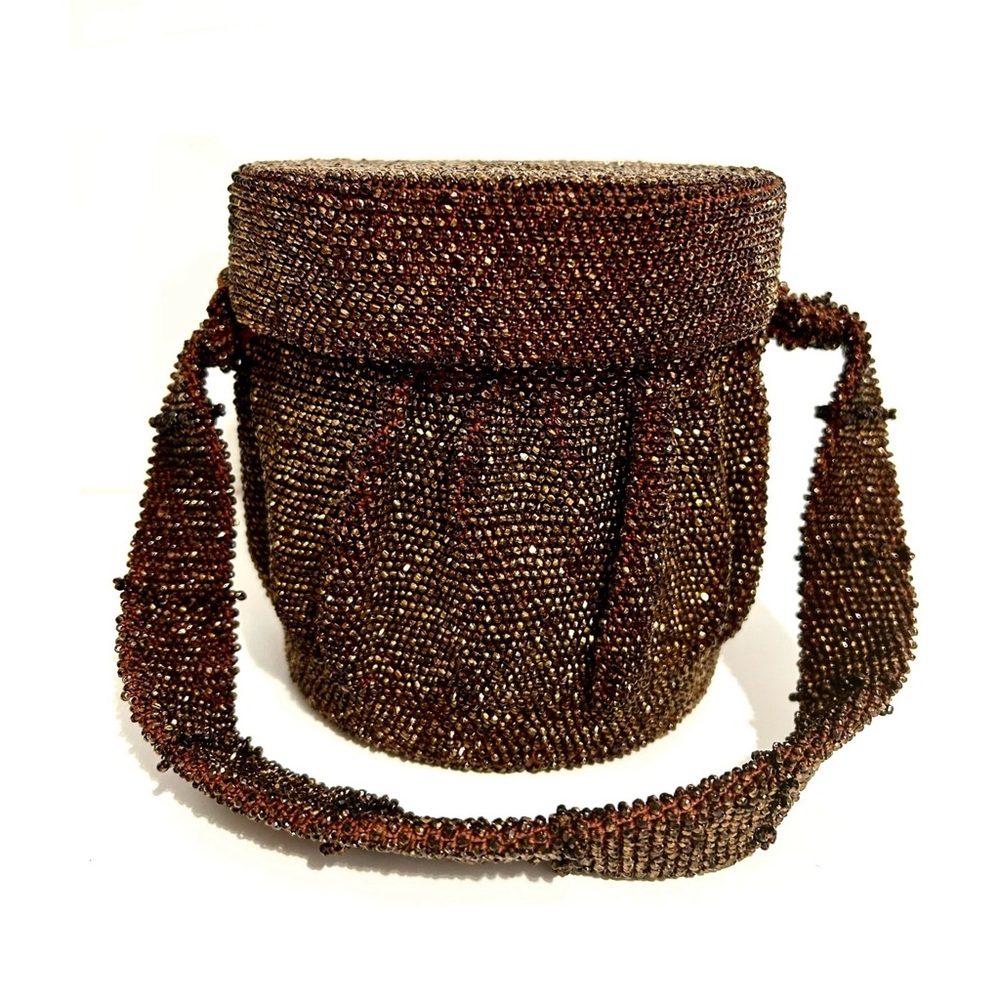 Vintage 1940s Bronze Crystal Encrusted Cyclinder Box Bag Satin Lined Metallic